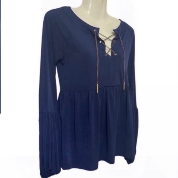MICHAEL, Michael Kors Designer Women’s Navy Blue Gold Chain Lace-Up Blouse XS - Picture 7 of 11